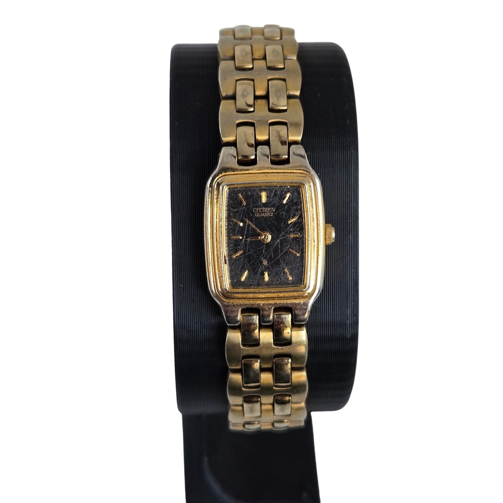 Citizen 3220 Quartz Women Watch Tank Gold Tone Rectangular Black Dial 6.5 Tested